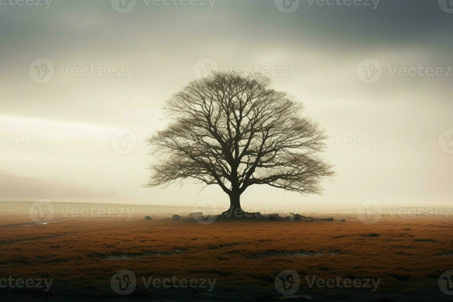 AI generated Misty ambiance a solitary tree stands tall in the open photo