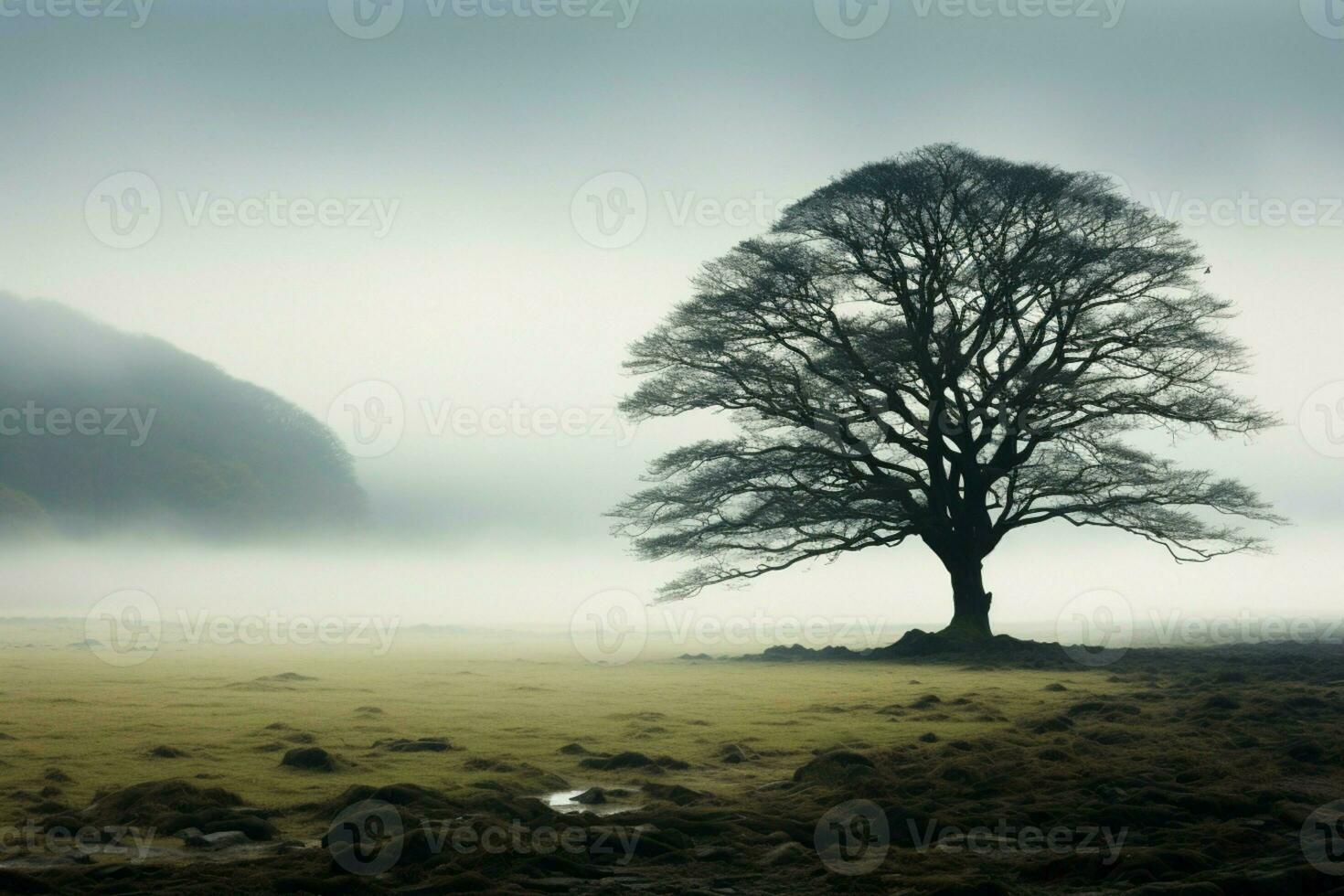 AI generated Lone tree emerges gracefully from the mist in an open field photo