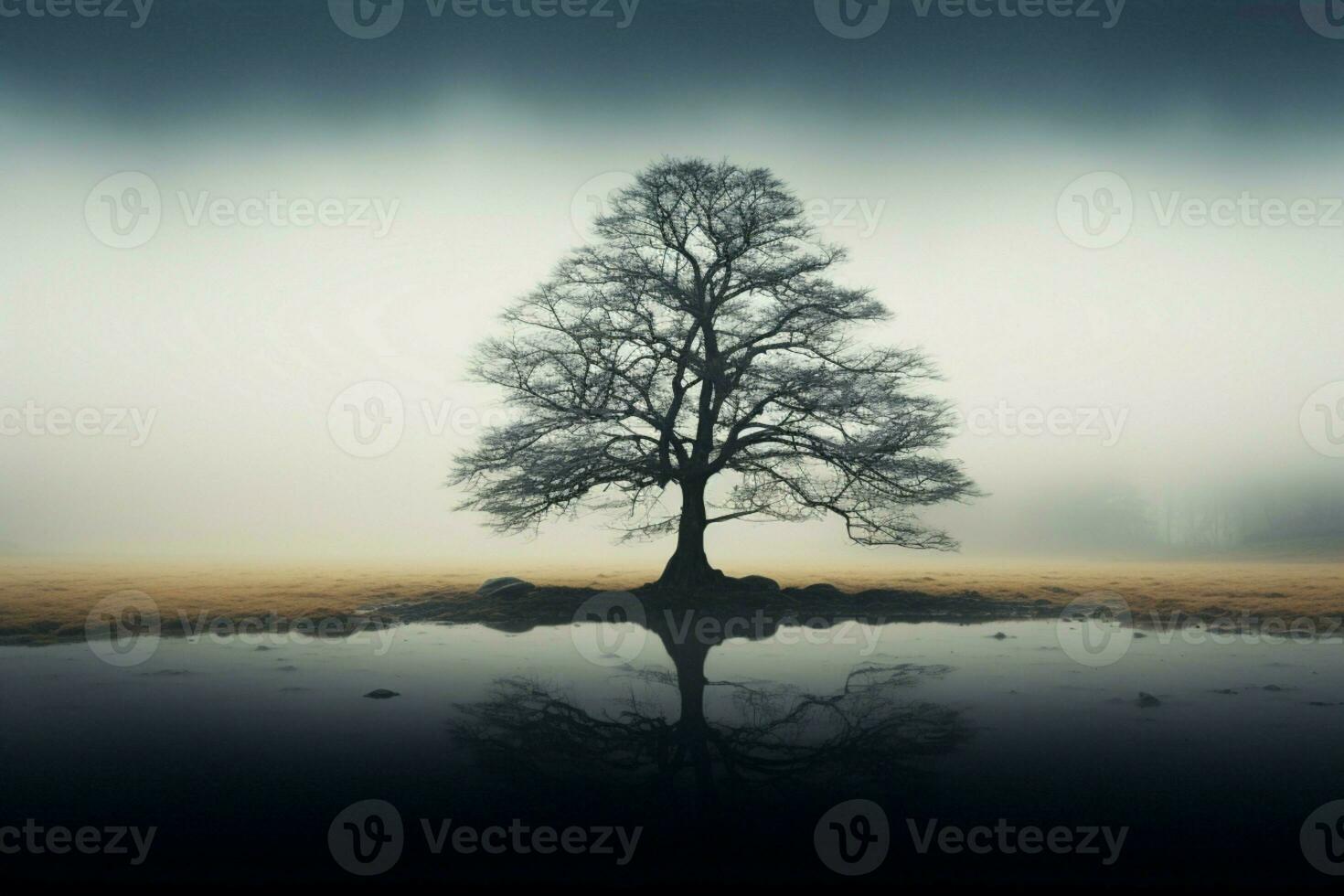 AI generated Misty ambiance a solitary tree stands tall in the open photo