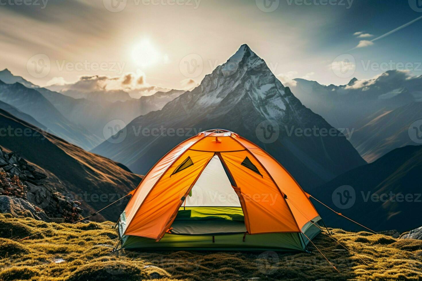 AI generated Alpine isolation a tent alone on the mountains lofty summit photo