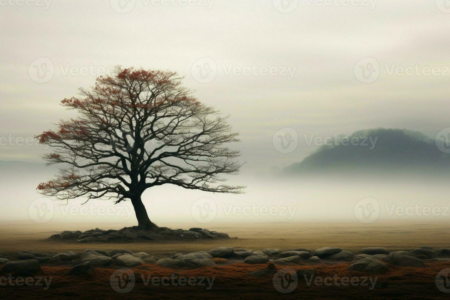 AI generated Misty ambiance a solitary tree stands tall in the open photo