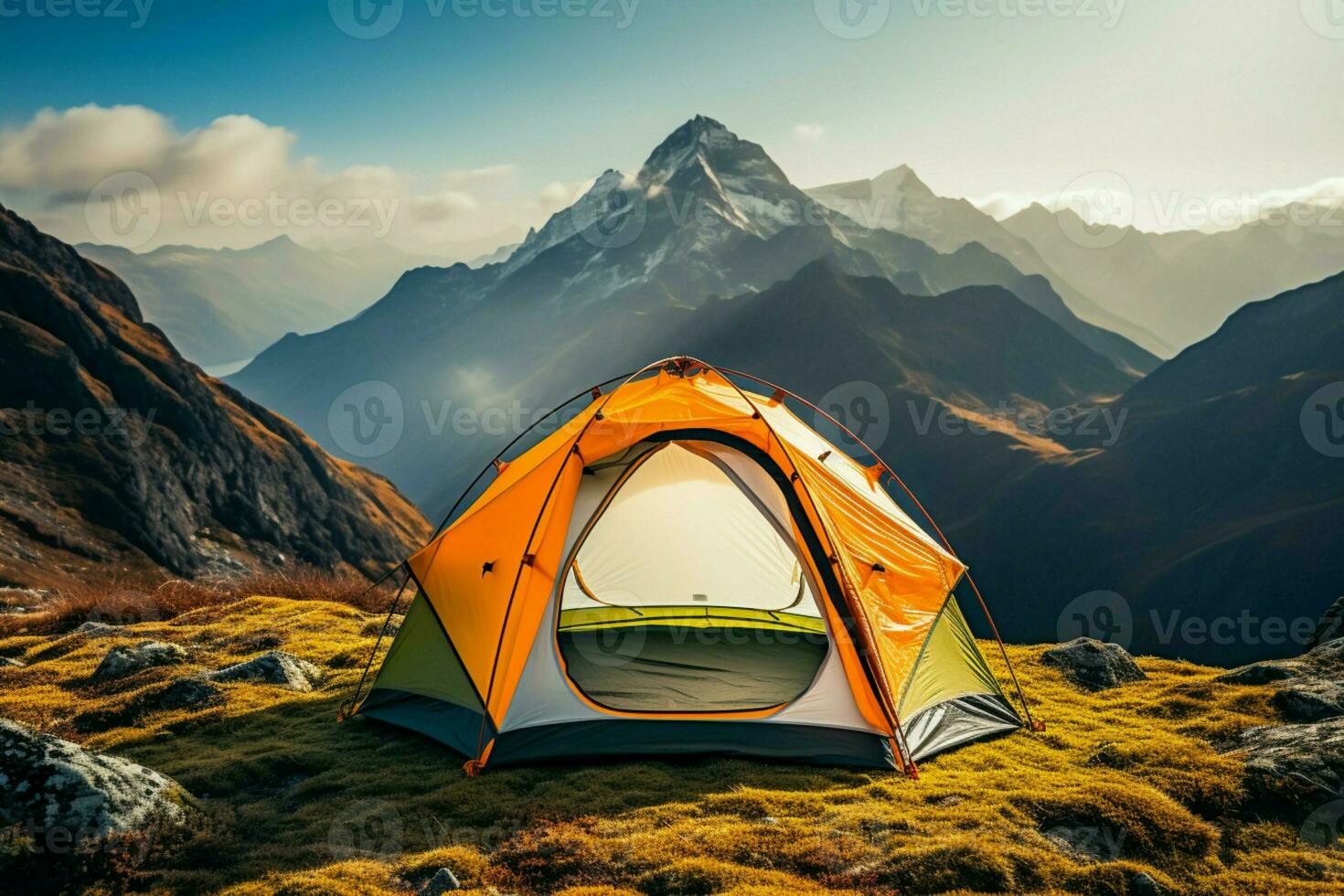 AI generated High altitude seclusion a tent stands alone atop the mountain photo