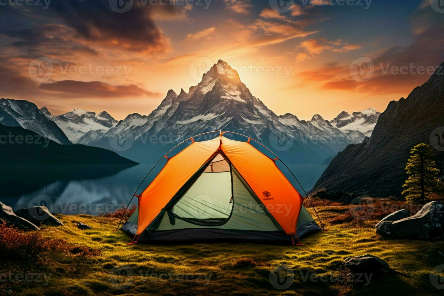 AI generated Mountain solitude a lonely tent stands alone against the peaks photo