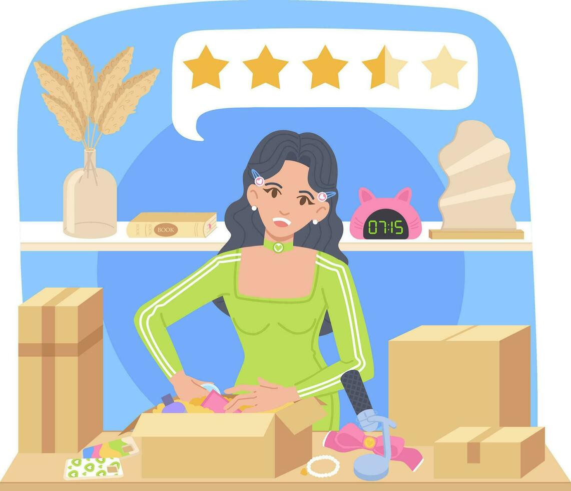 producto revisión blogger concepto. joven fashionista niña desempacar cajas en el escritorio y clasificación Tres de cinco estrellas en cámara en hogar estudio antecedentes. vector