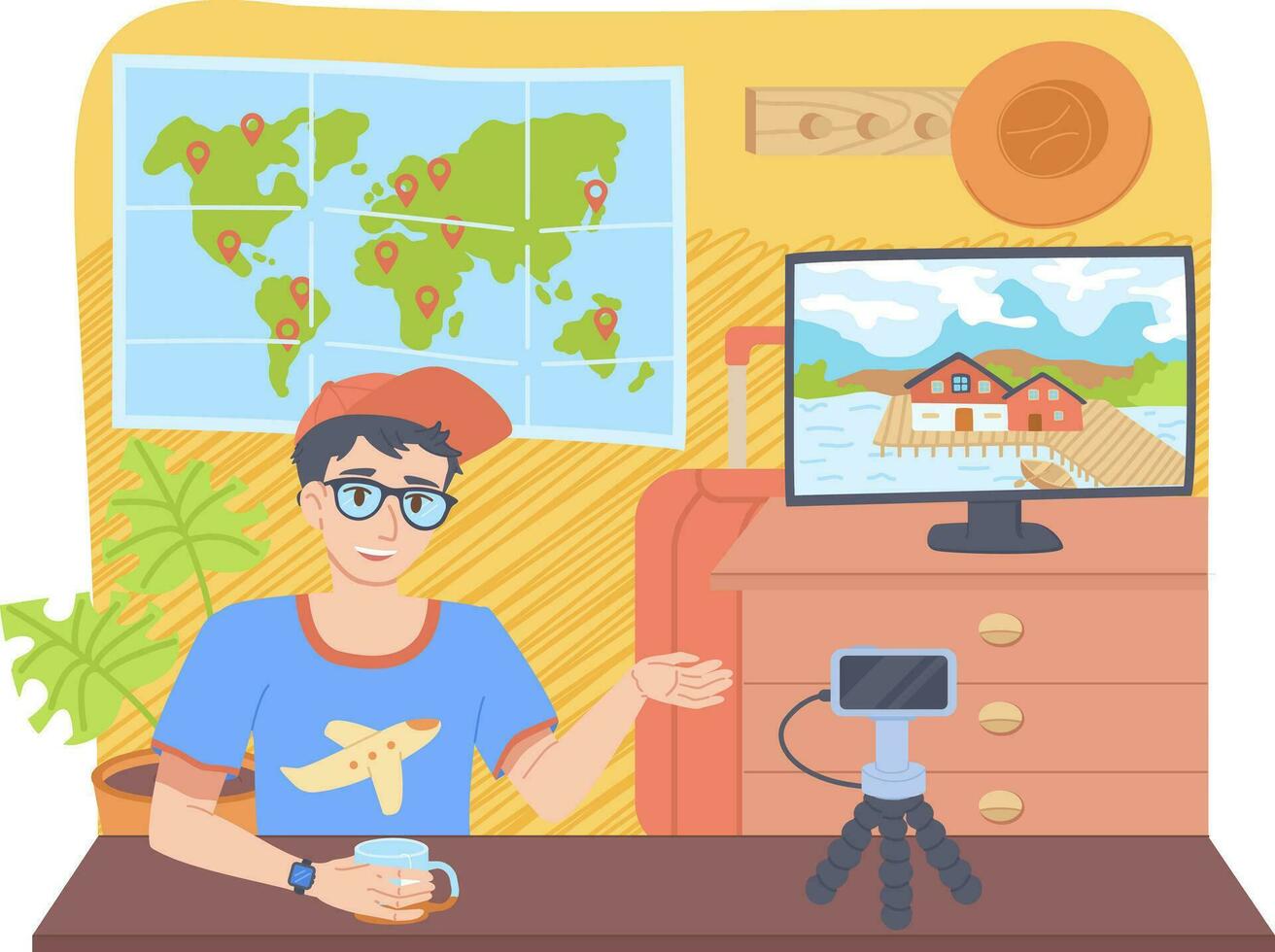 Travel blogger concept. Man in a cap with map, TV, camera at home office background. vector
