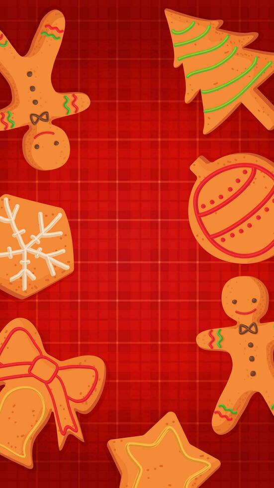 Red Christmas story frame template with gingerbread man, tree, toys, snowflake. vector