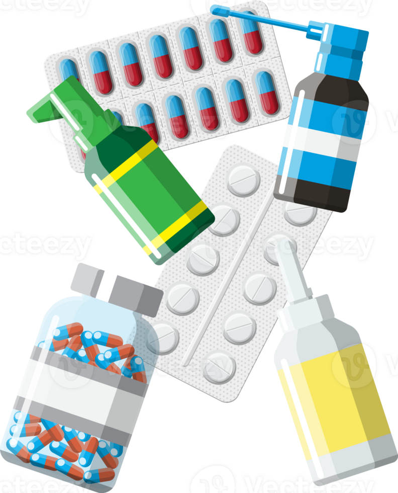 Set of bottles, tablets, pills, capsules and spray png