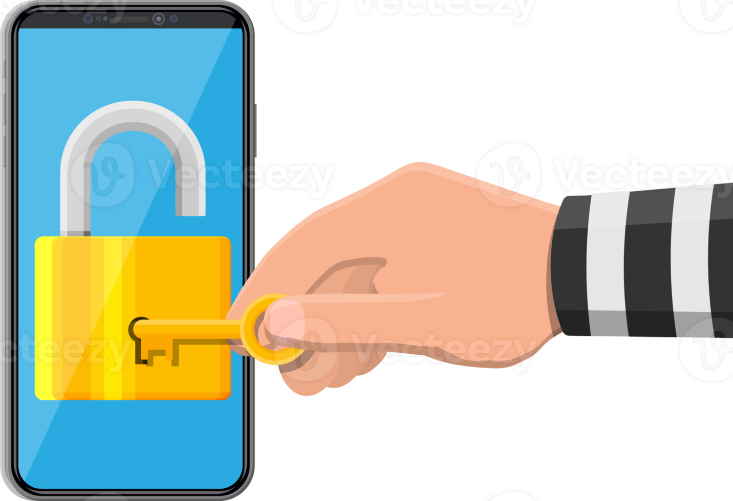 Thief or hacker hand use key to open smartphone. png