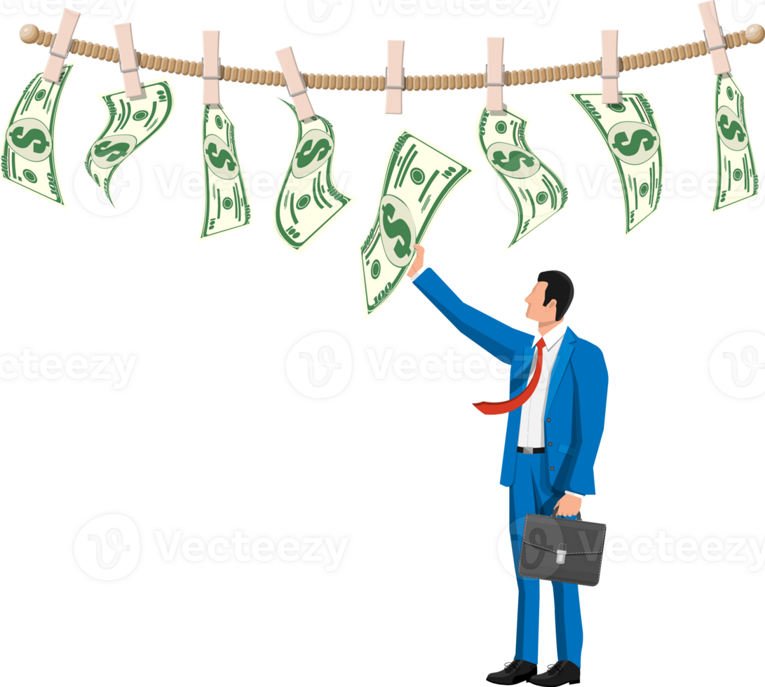 Wet dollar bills hanging on rope png