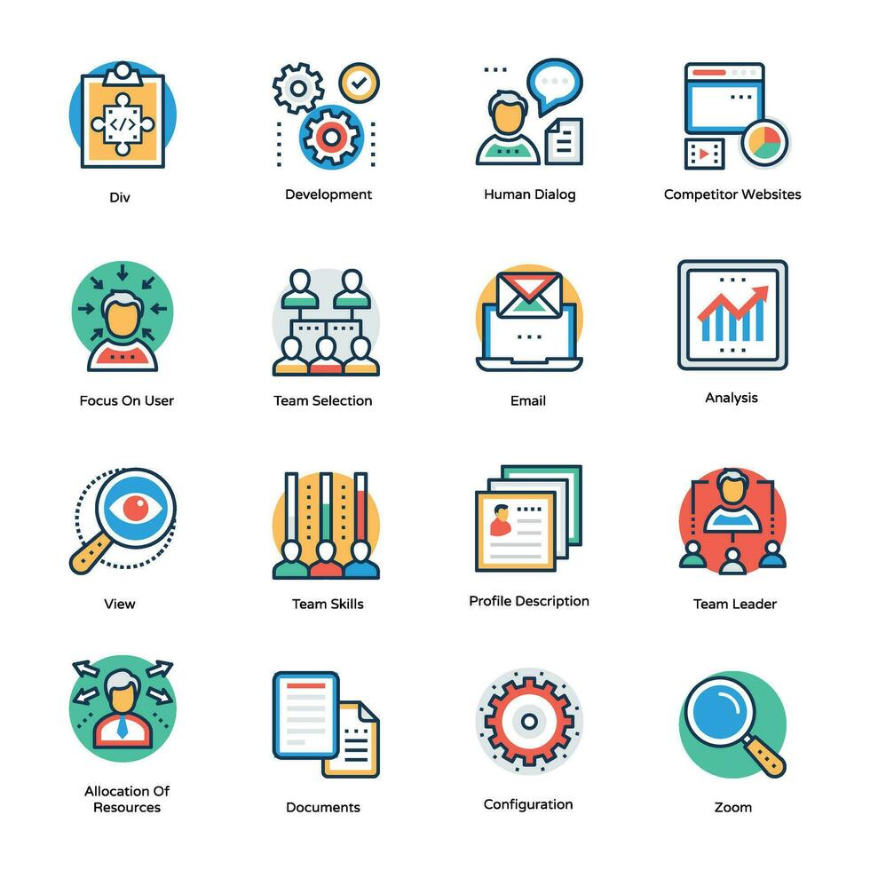 Project and Corporate Management Flat Vector Icons Set