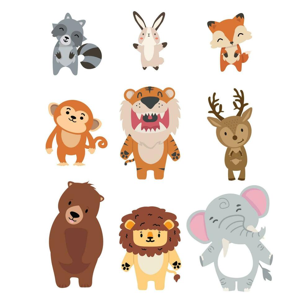 Forest Animals flat doodle set vector