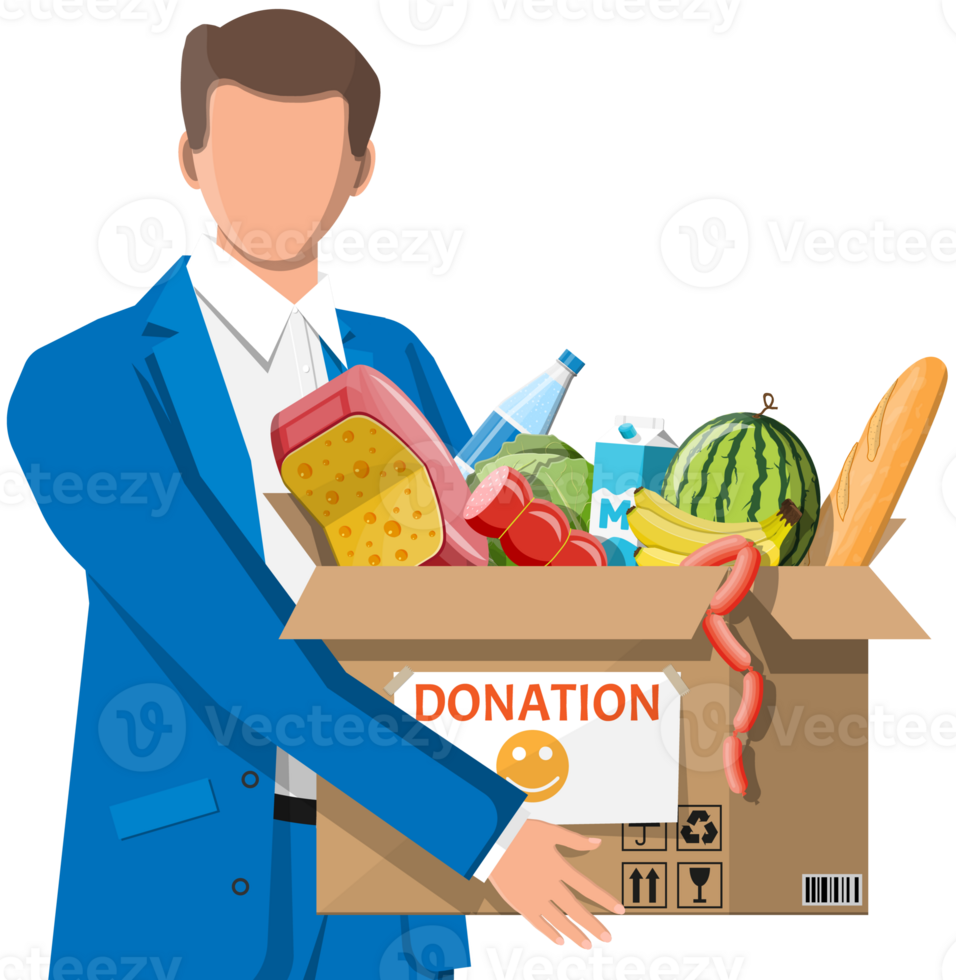 Man holding cardboard box full of food. png