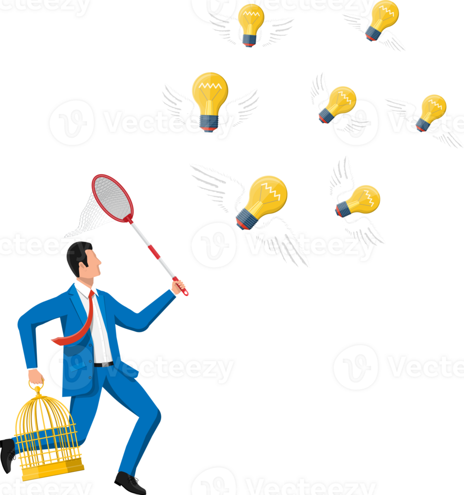 Idea bulbs and businessman with net png