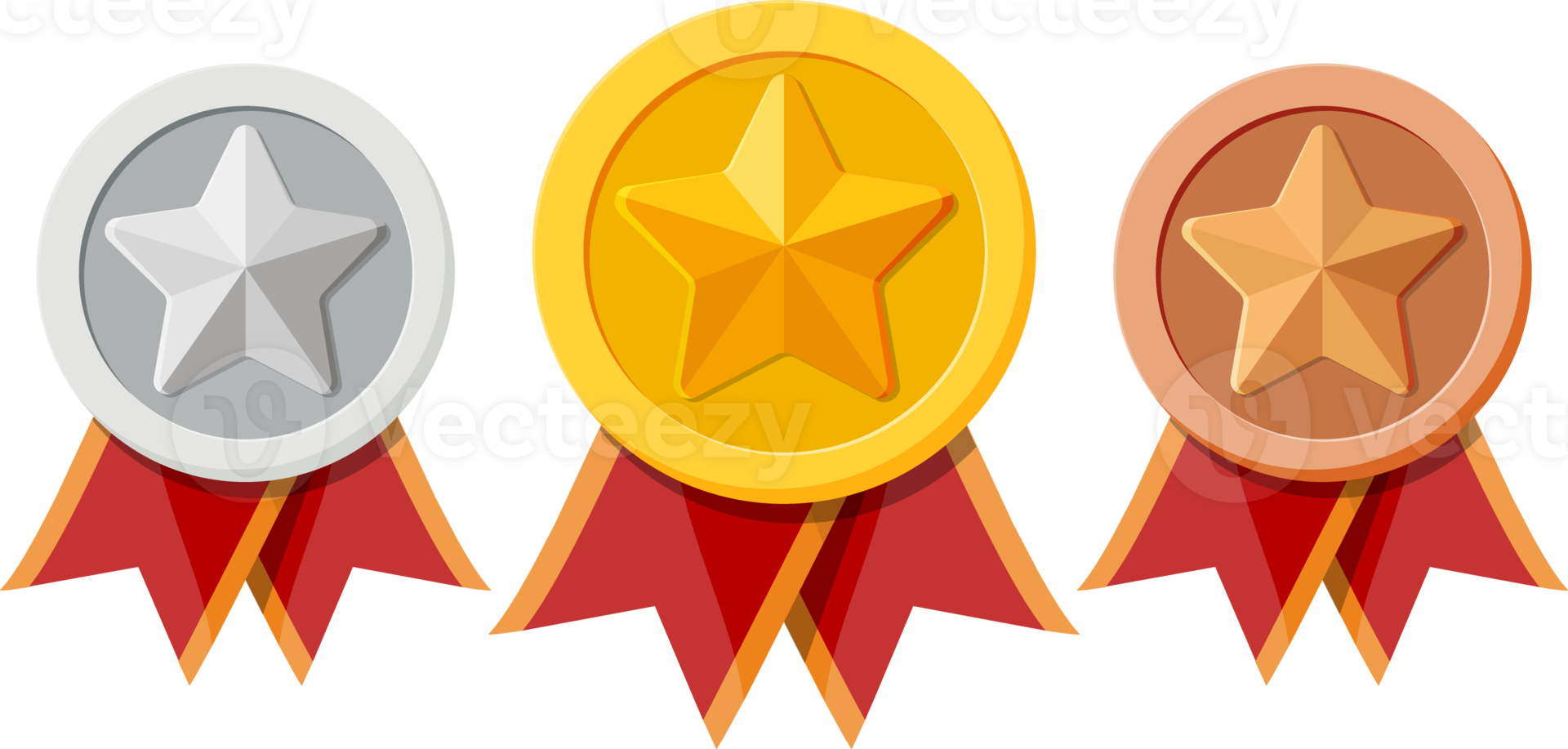 Set of medals with red ribbons and star shapes. png