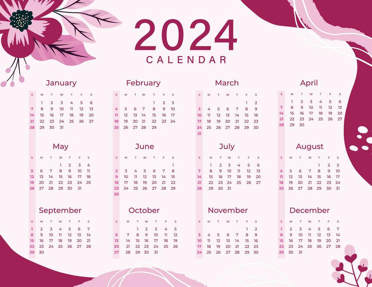 2024 Hand-drawn calendar template vector