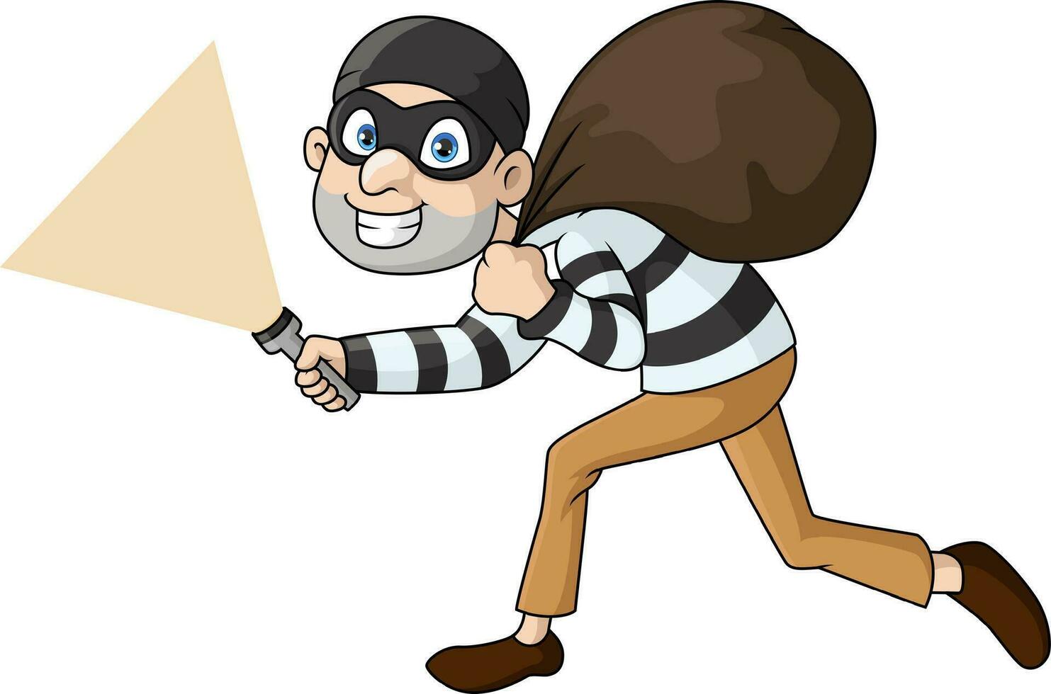 Cute thief cartoon walking and carrying a bag with flashlight vector