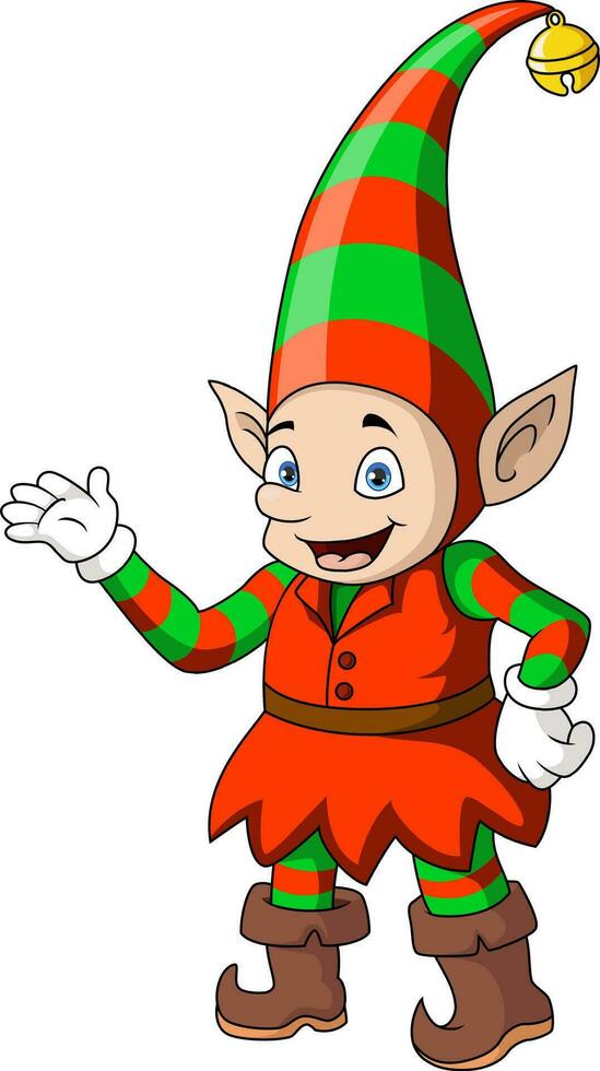 linda Navidad duende dibujos animados ondulación mano vector