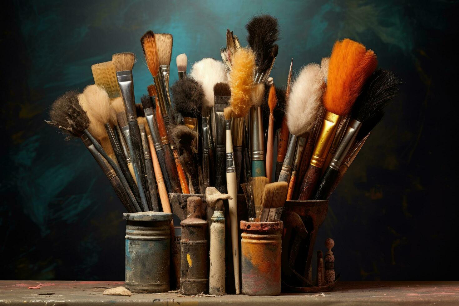 AI generated Paint brushes and paints on a wooden table. Dark background, Capture an artist's corner with assorted dirty painting brushes, AI Generated photo