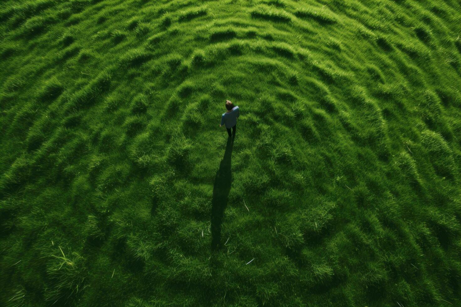 AI generated Aerial view of a man standing in the middle of a green field, Capture a directly above shot of fresh green grass or lawn, AI Generated photo