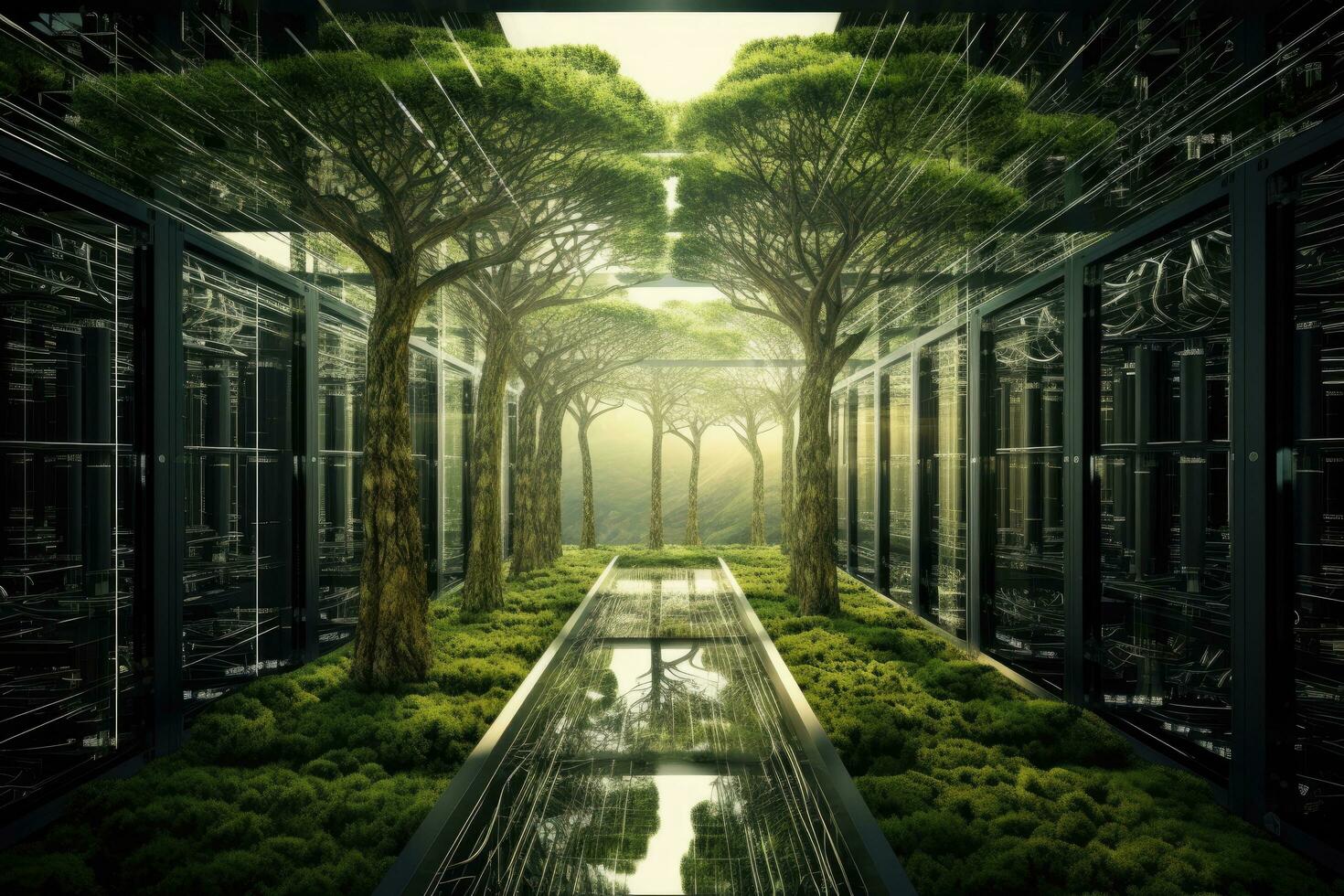 AI generated Digital composite of Network servers in a data center with green trees in the background, Bright server room with trees and grass growing out of servers, AI Generated photo
