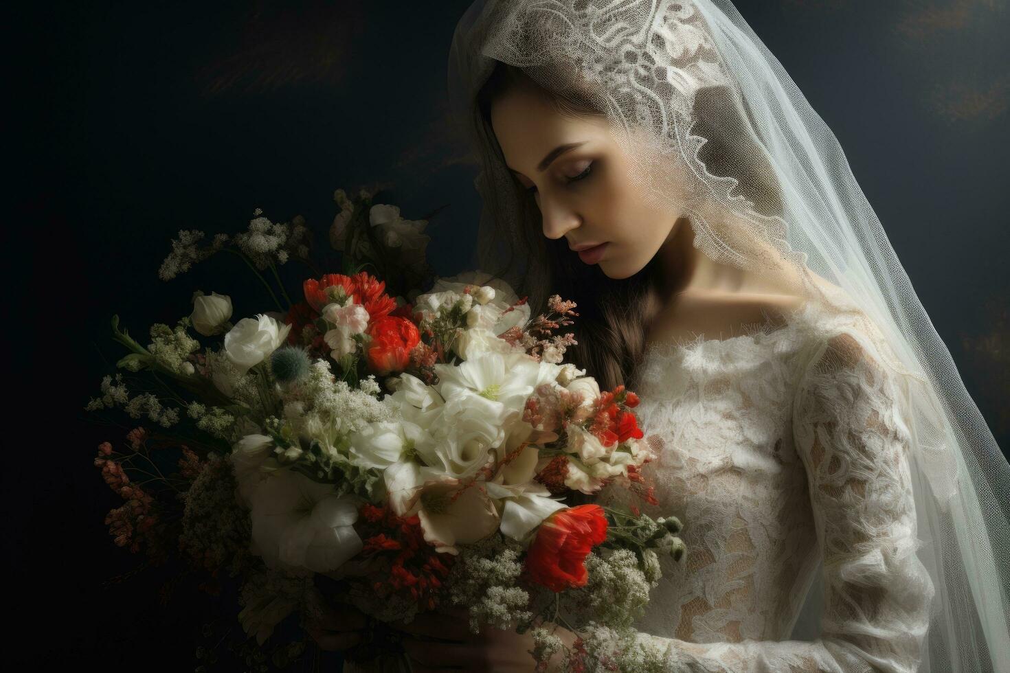 AI generated Portrait of a beautiful bride with a bouquet of flowers, Bride with a bouquet, closeup, AI Generated photo