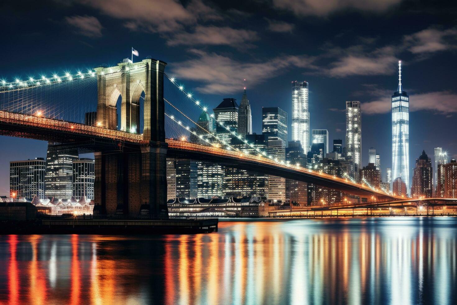 AI generated The Brooklyn Bridge and Manhattan at night, New York City, USA, Brooklyn Bridge night exposure, AI Generated photo