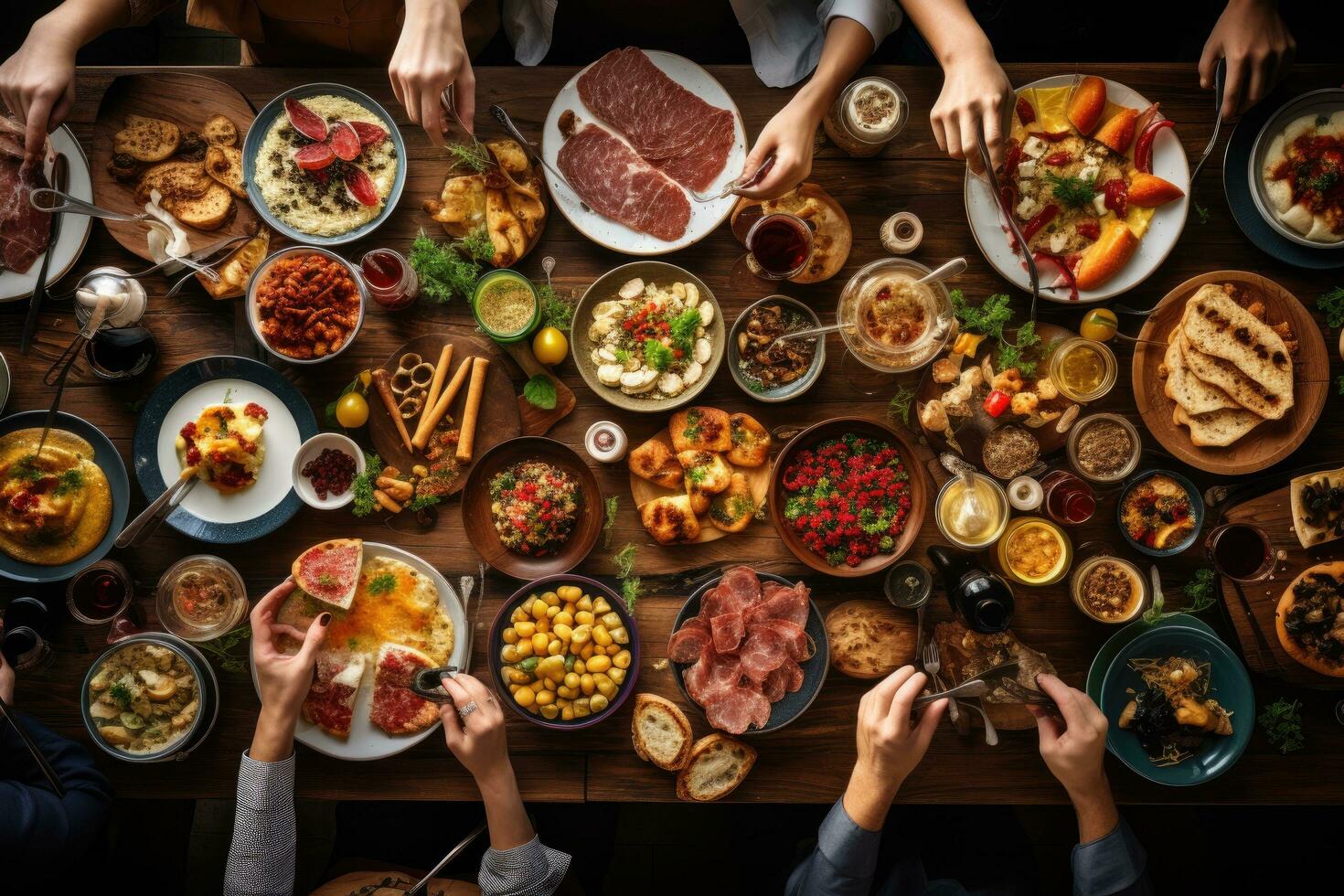 AI generated Top view of group of people having dinner together while sitting at wooden table, Brunch choice crowd dining food options eating concept, top view, AI Generated photo