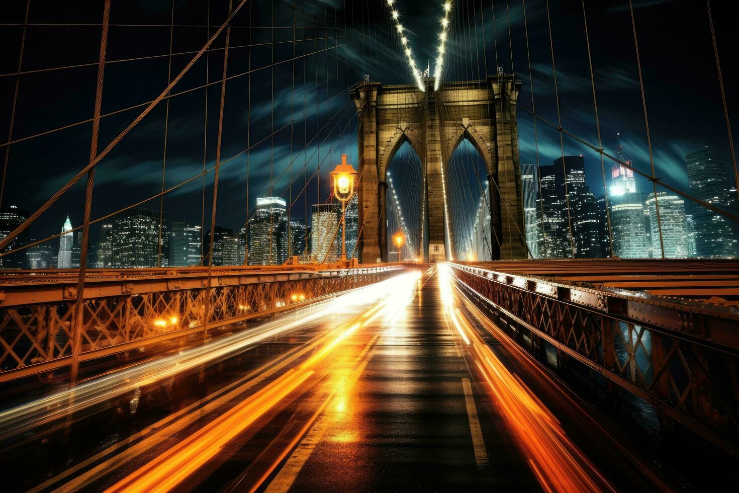 AI generated Brooklyn Bridge at night, New York City, United States, Brooklyn Bridge night exposure, AI Generated photo