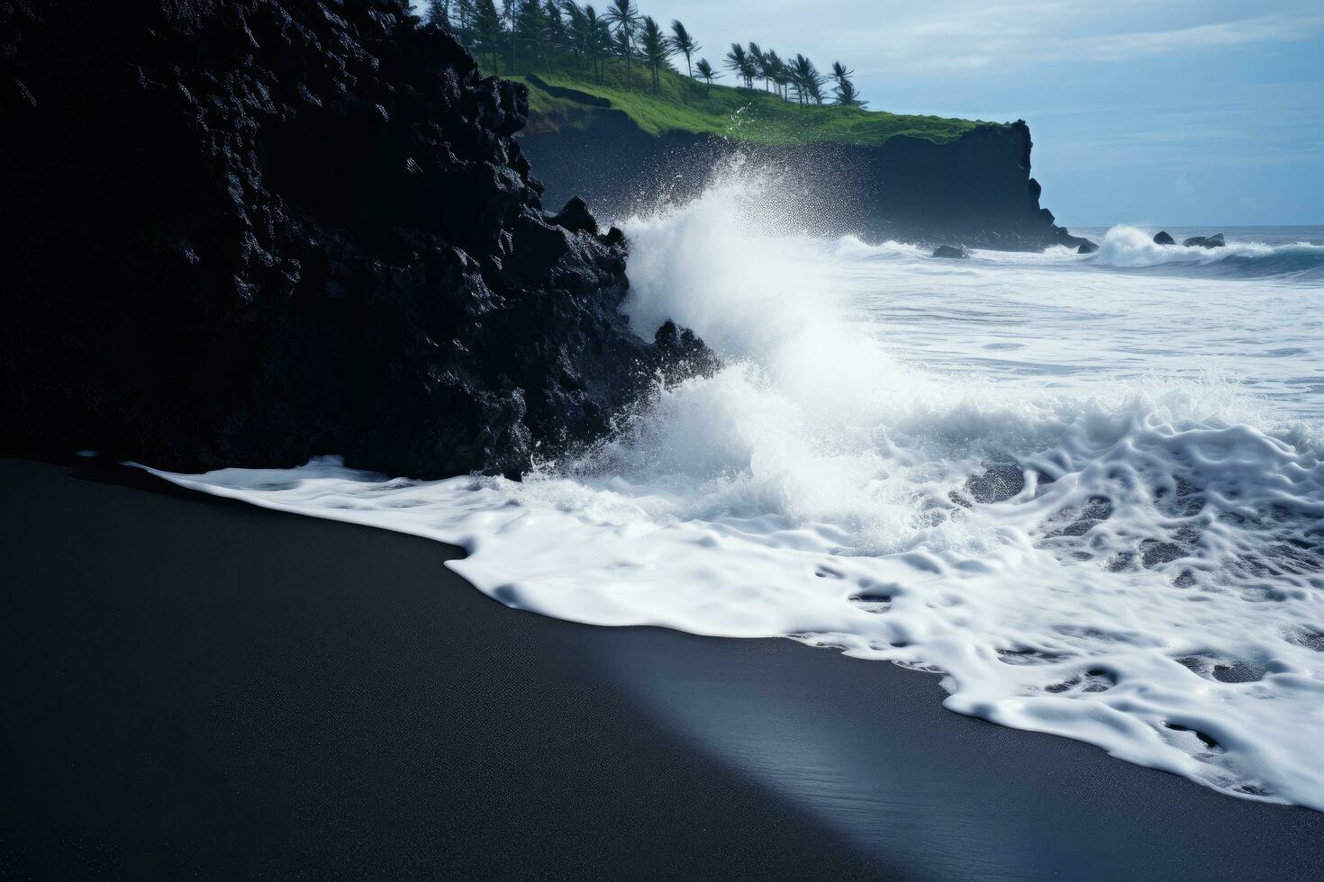 AI generated Volcanic black sand beach with waves crashing on the cliffs, Silhouettes of tourists enjoying the black sand beach and ocean waves, AI Generated photo