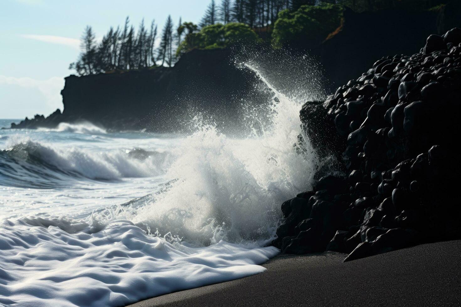 AI generated Waves crashing on black sand beach in Hawaii, Big Island, Silhouettes of tourists enjoying the black sand beach and ocean waves, AI Generated photo