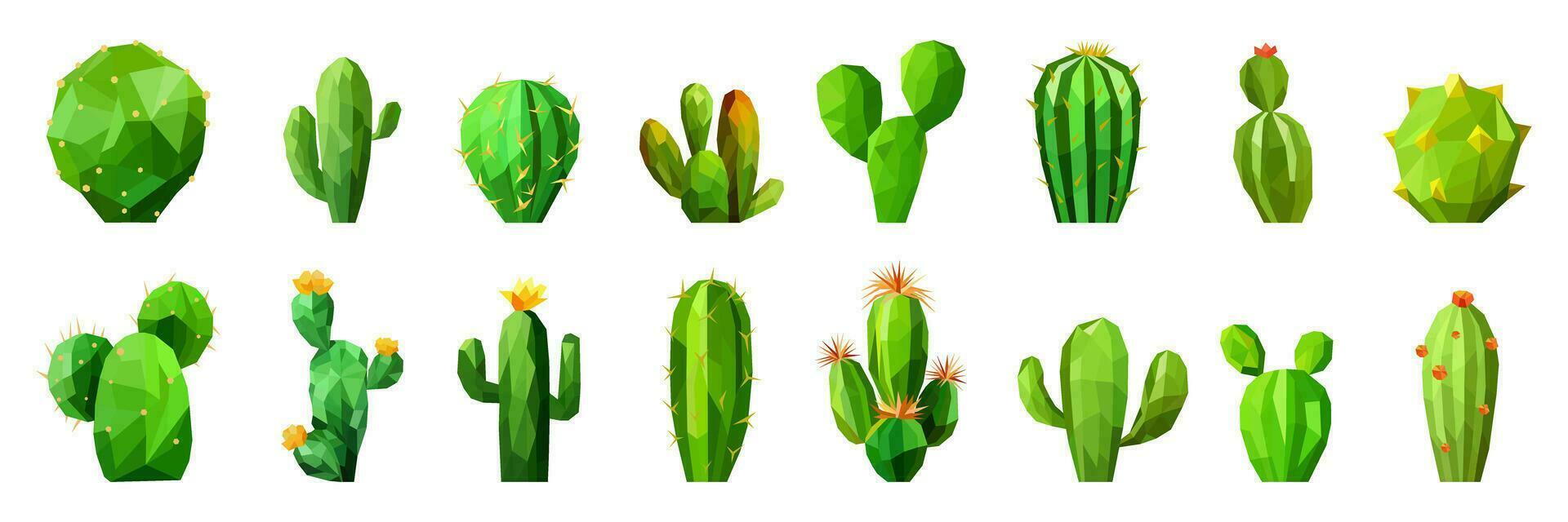 Set of a polygonal green cactus. Minimalist low poly art style collection. vector
