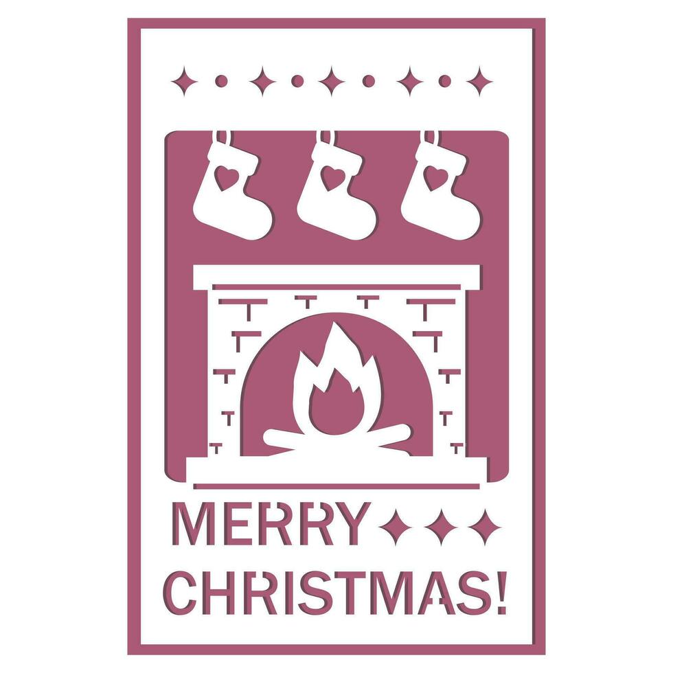 Christmas card template with fireplace and Christmas stocking, file cutting, vector illustration