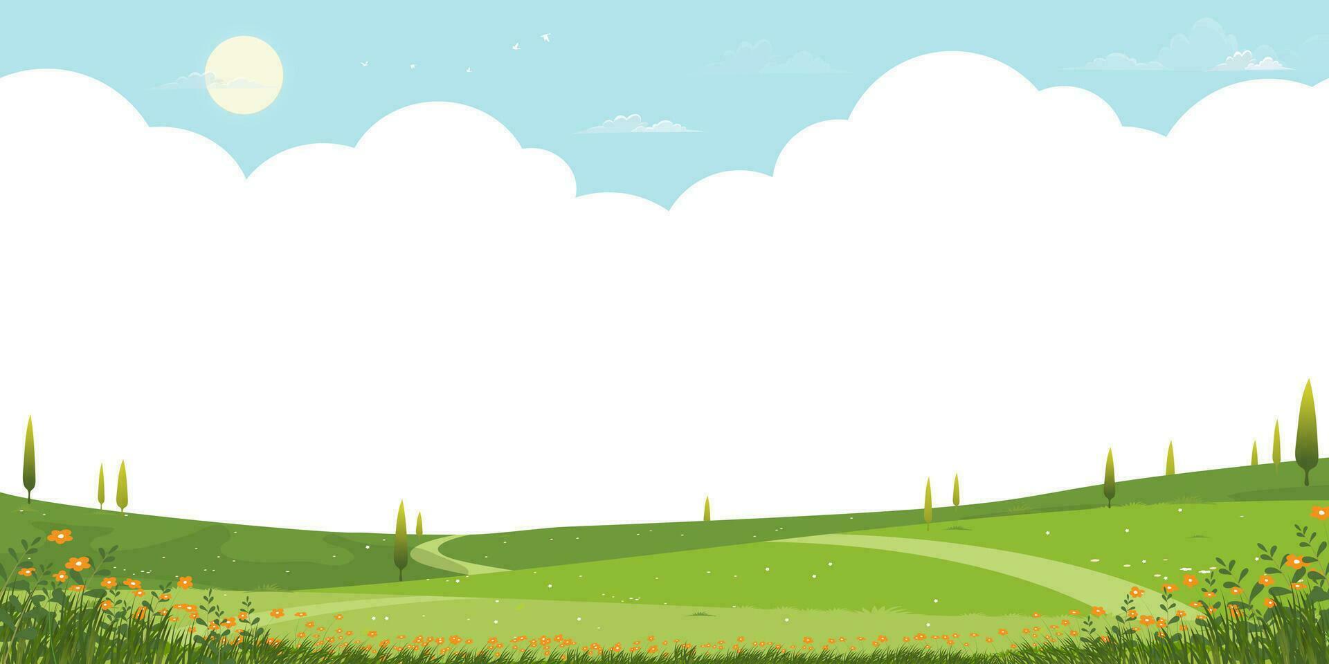 primavera paisaje con flor, árbol en parque, dibujos animados vector ilustración verde césped prado en colinas con nube azul cielo, bandera naturaleza granja césped campo floreciente en jardín a pueblo en soleado día verano