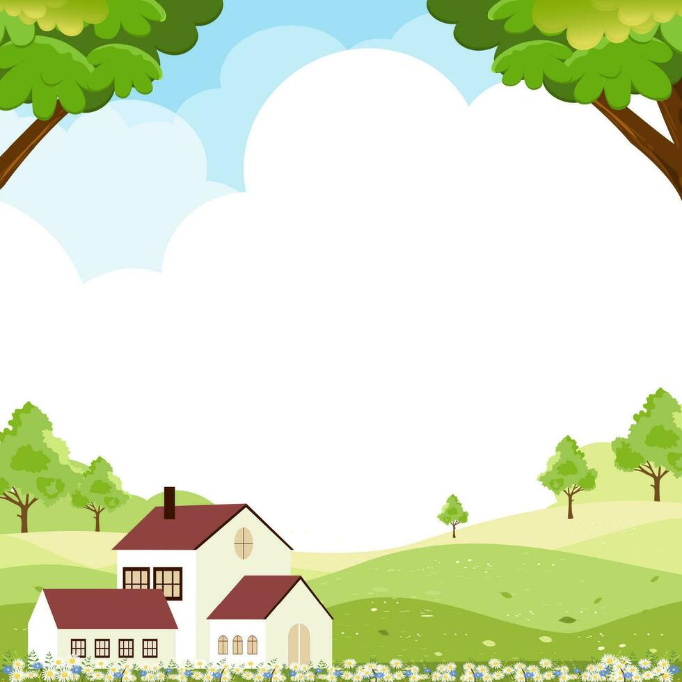 cielo azul con nube fondo primavera paisaje con verde césped campo y árbol en montaña,panorama naturaleza verano rural con Copiar espacio, lindo dibujos animados vector ilustración fondo bandera para Pascua de Resurrección