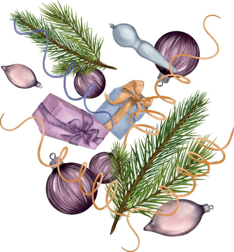 abeto árbol ramas levitación con regalos digital ilustración. pino ramas y Navidad decoraciones . abeto ramas aislado en blanco. elemento para diseño paquete, ornamento de nuevo año vector