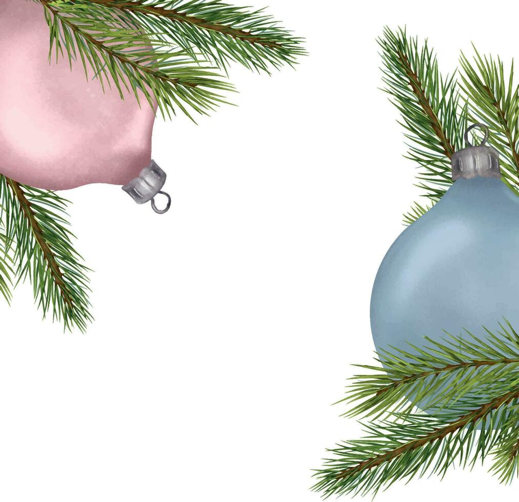 Frame of fir tree branches with Christmas ornaments, balls pastel colors digital illustration. Wreath of spruce branches isolated on white. Element for design Christmas package, card, invitation vector
