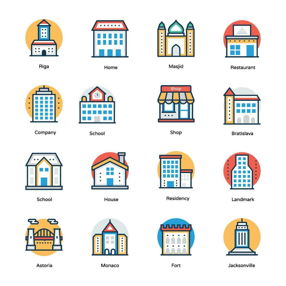 Monuments Flat Vector Icons Set