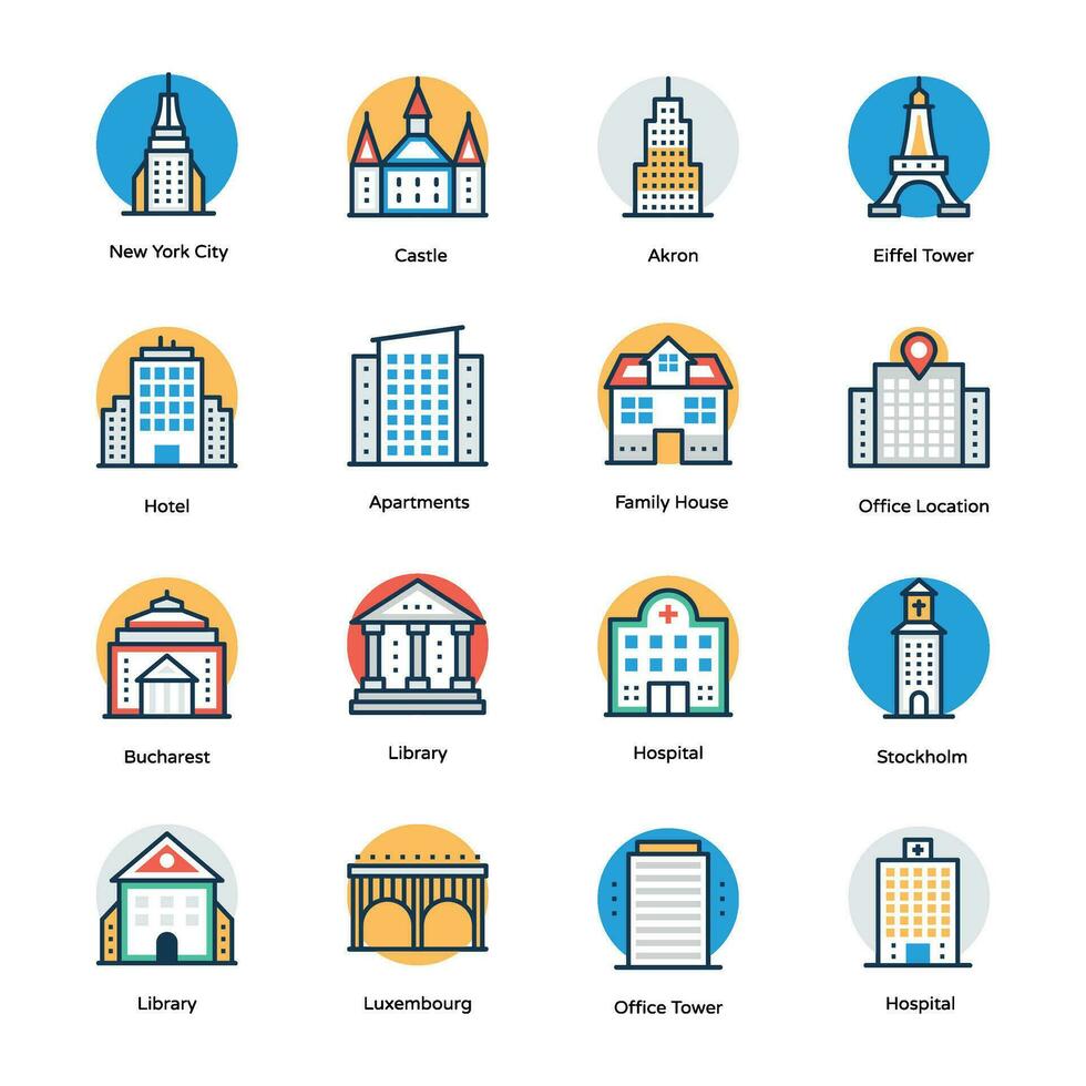 Buildings Construction Flat Vector Icons Set