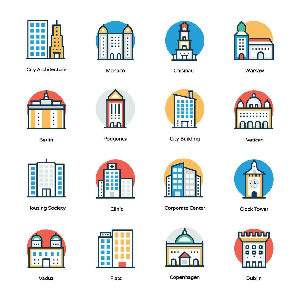 Global Monuments and Landmarks Flat Vector Icons Set