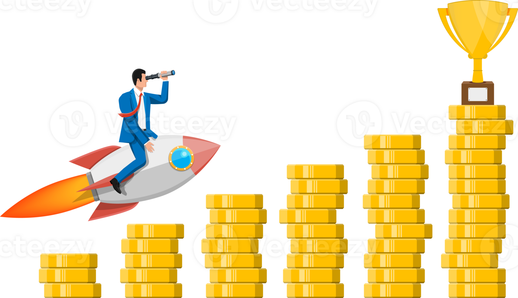 Successful business man flying on rocket on graph png