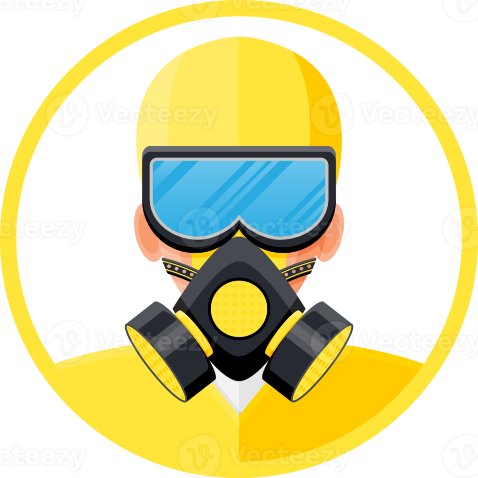 Man in yellow hazmat suit with respirator. png