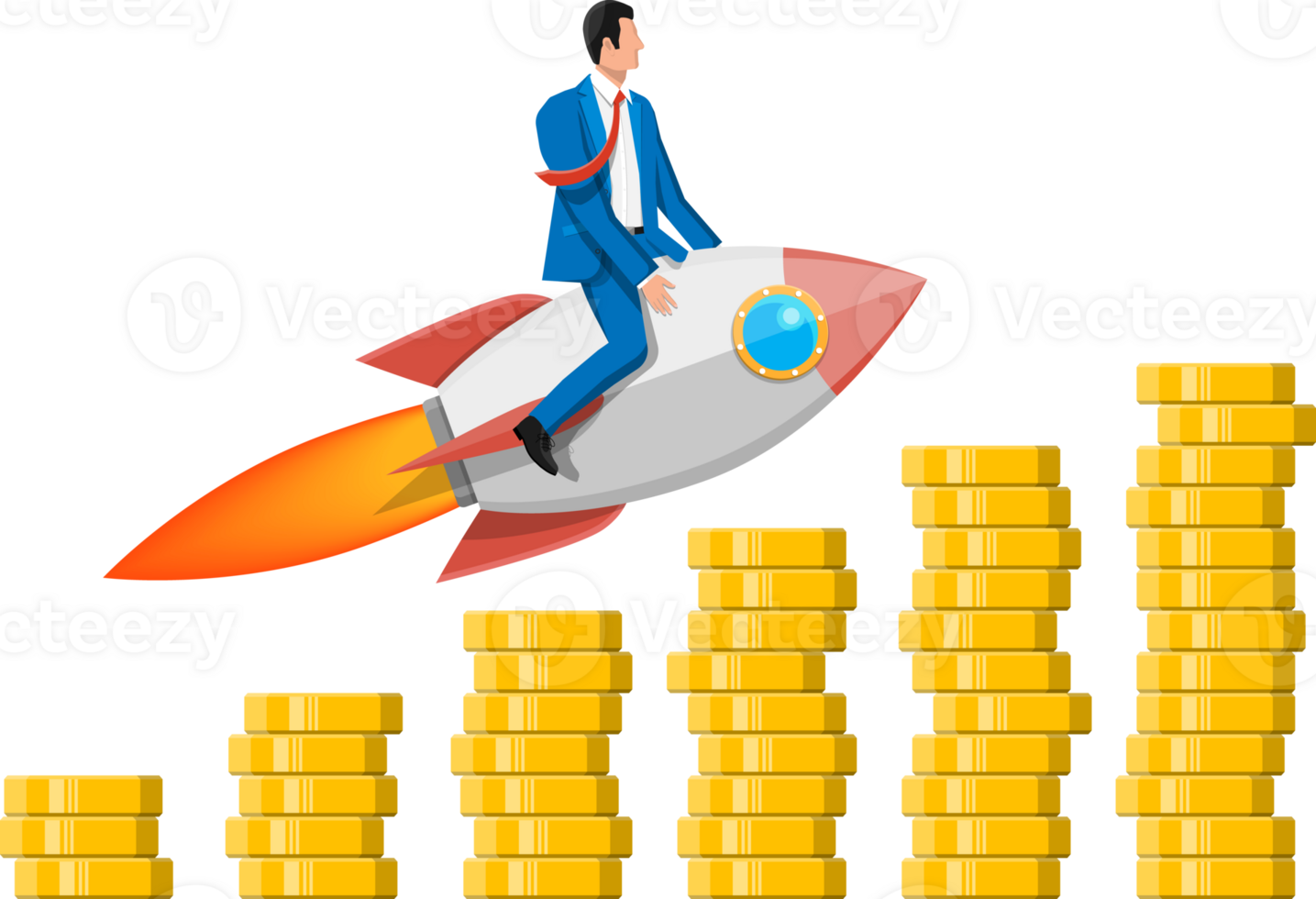 Successful business man flying on rocket on graph png