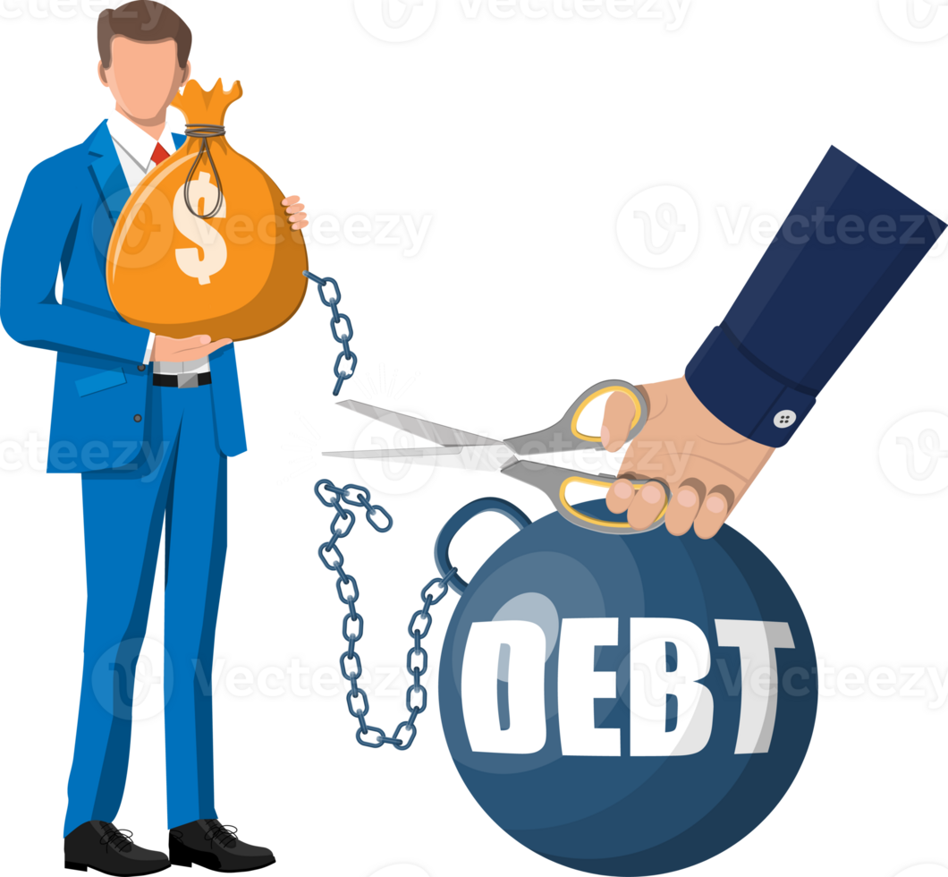 Hand with scissors cutting debt weight chain png