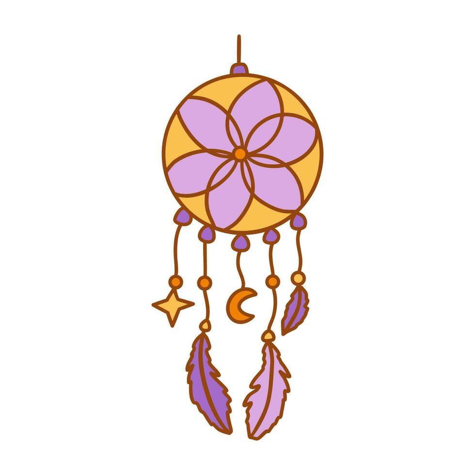 Dreamcatcher with feathers, flower, star and crescent. Vector icon