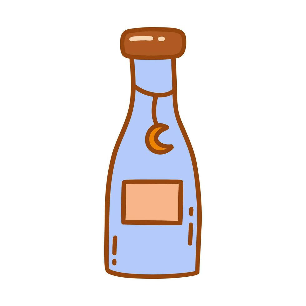Vintage blue bottle with crescent on cord. Vector doodle