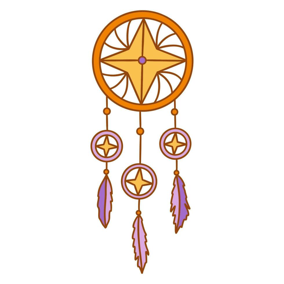 Dreamcatcher with three purple feathers and stars. Vector