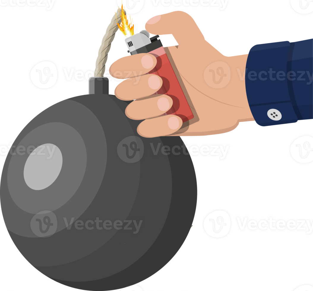 Ball bomb about to explode and hand with lighter png