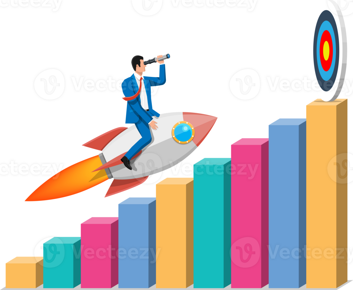 Successful business man flying on rocket on graph png