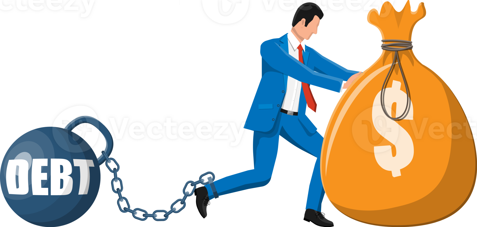 Businessman chained to big heavy debt weight png