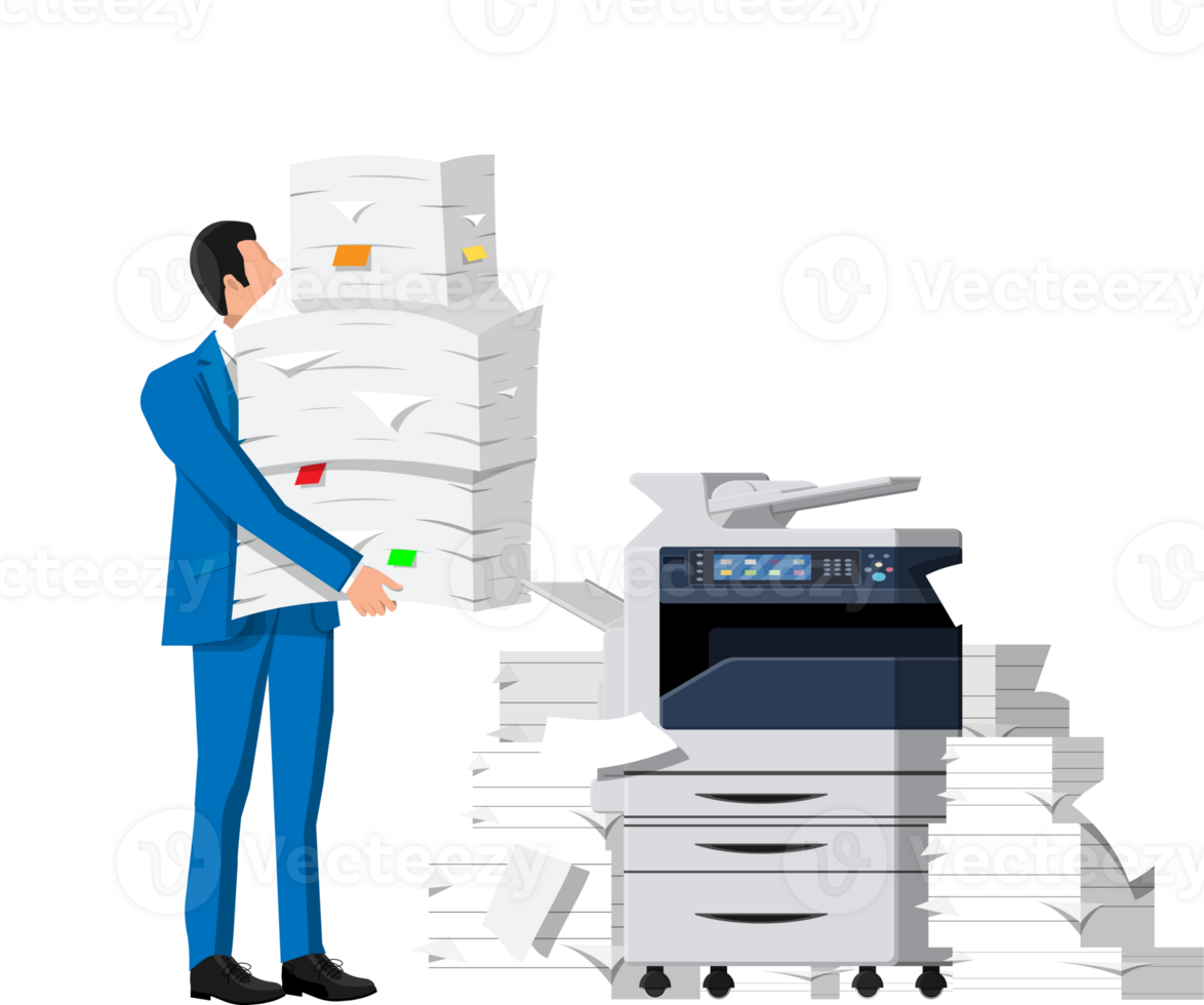 Stressed businessman with pile of office documents png